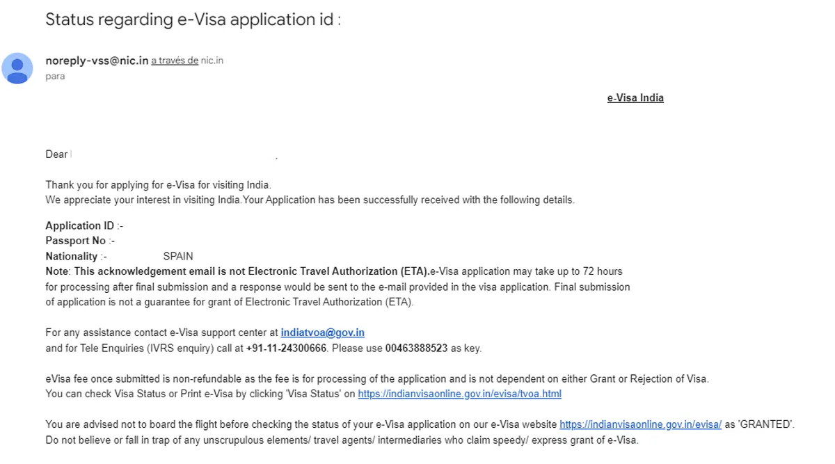 Confirmación solicitud e-Visa India